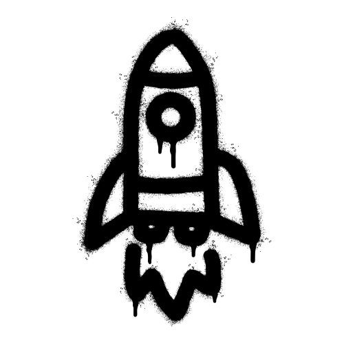 Graffiti of a rocket in black on a white background depicting innovation and progress
