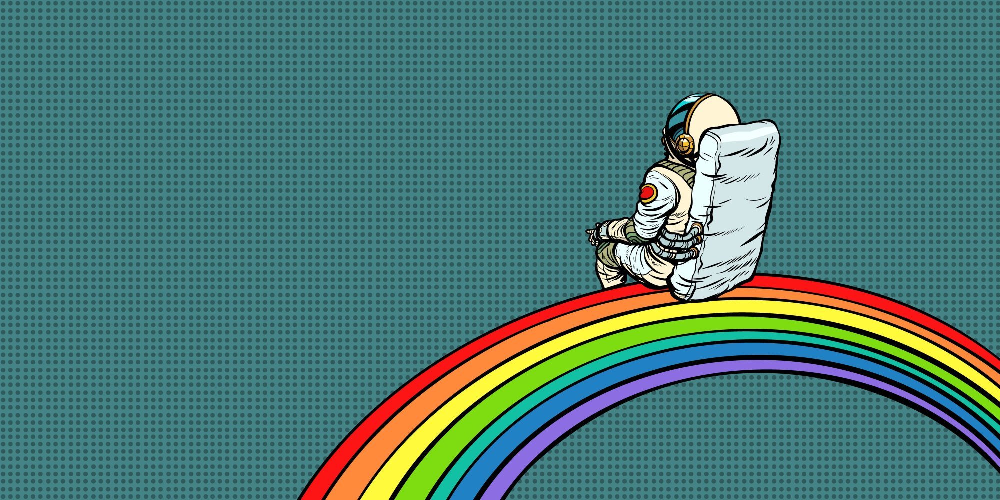 Astronaut sitzt auf einem Regenbogen