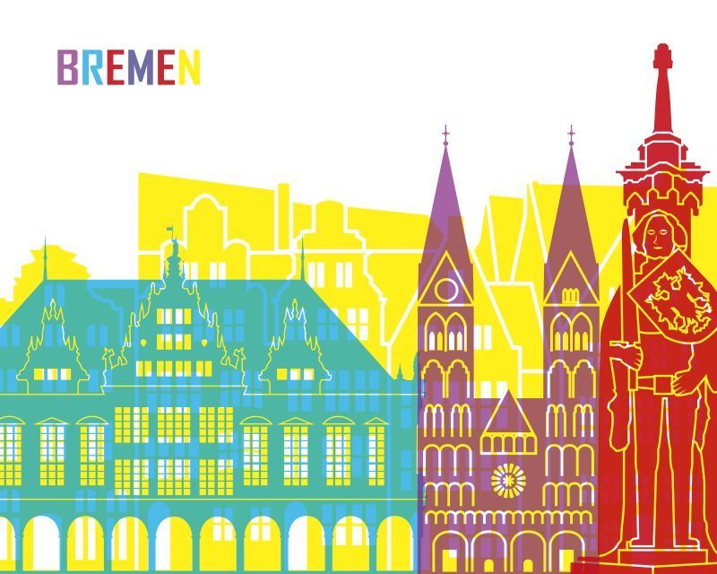 Zeichnung bedeutender Bremer Gebäude in bunten Farben